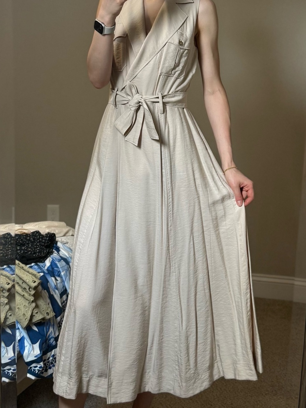 Banana Republic Cream Sleeveless Tie-Waist Midi Dress
